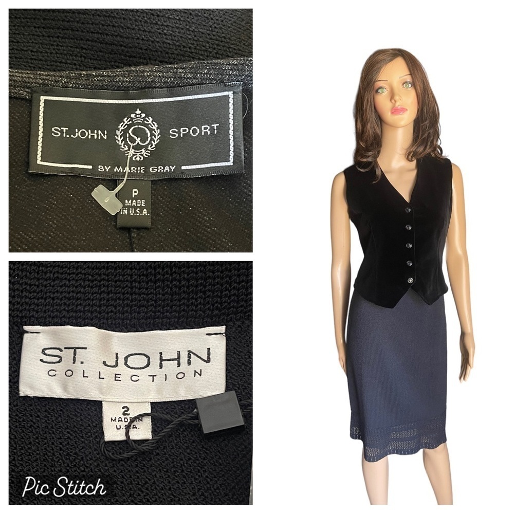 New! St. John sport Granite black velvet vest /skirt size P/2